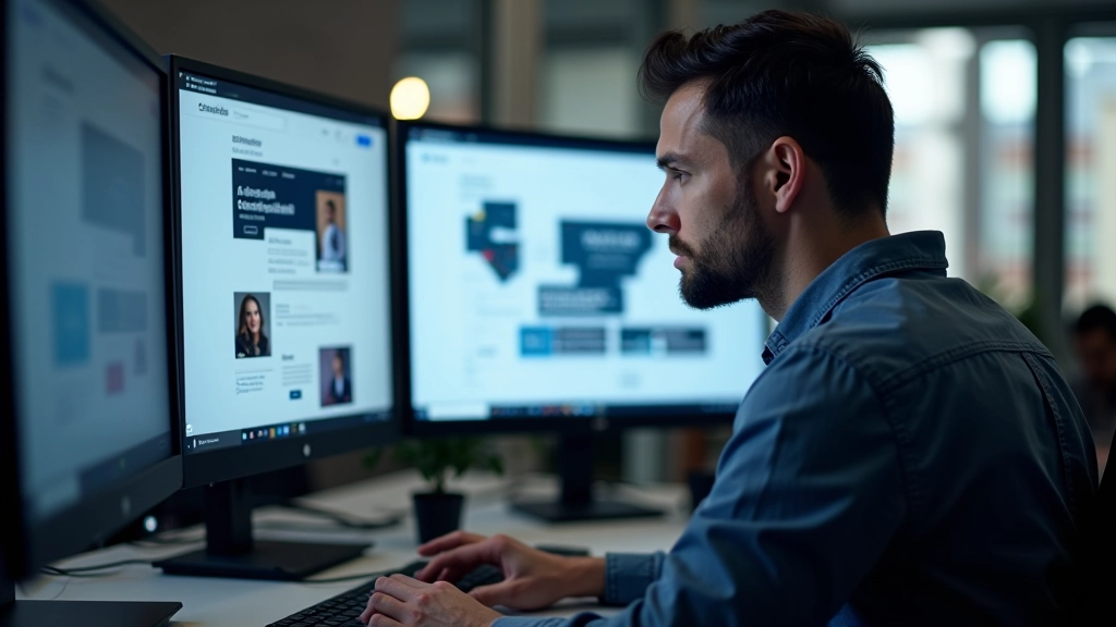 Designer analisando diferentes composições de hero section em monitor profissional com ferramentas de design abertas