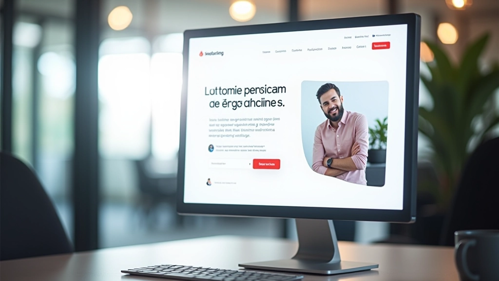 Landing page de exemplo mostrando hero section bem estruturado com título claro, imagem de destaque e botão CTA bem posicionado