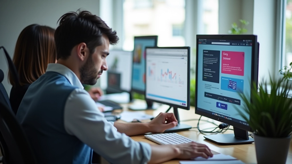 Equipe de designers trabalhando em computador, analisando layout de página de destino e métricas de conversão